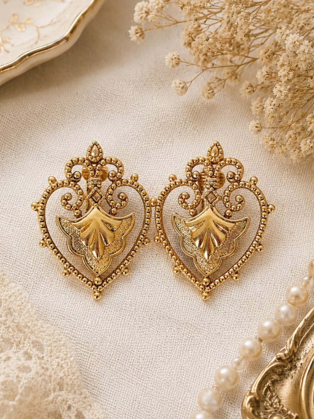 Vintage Avon Victorian Revival Gold Tone Heart Clip-On Earrings